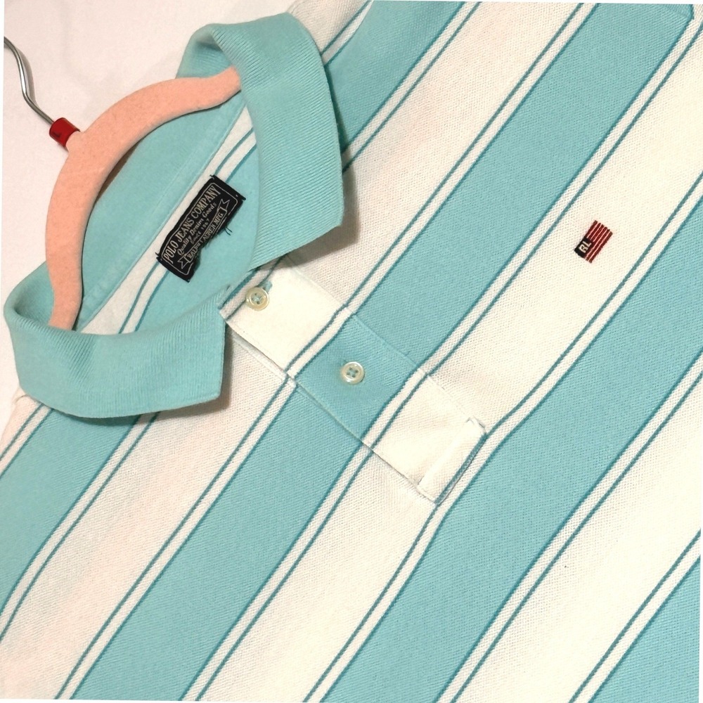 Vintage Polo Jeans Co Ralph Lauren Mens L‎ Teal White Striped Mesh Polo Shirt